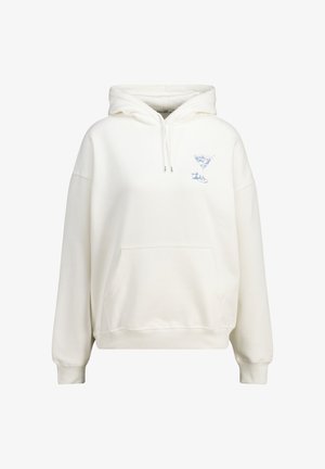 White hoodie made of soft fabric, featuring a front pocket and a blue martini glass graphic on the left chest area. Adjustable hood.