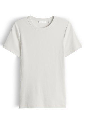 Wit geribd T-shirt met korte mouwen en ronde hals, maat 36, plat neergelegd met voorkant zichtbaar, met zichtbare textuur en gestikte kraag.