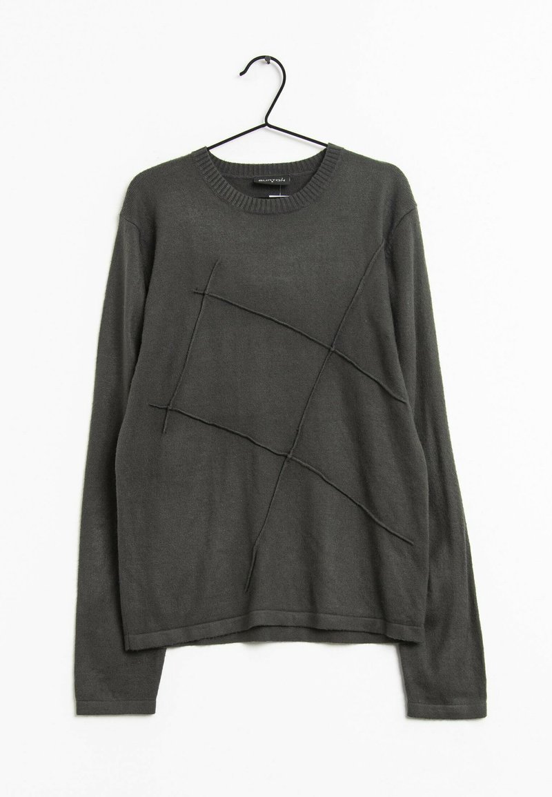 Mörkgrå tröja med rund halsringning, långa ärmar och texturerad sömnad som formar ett geometriskt mönster på framsidan.