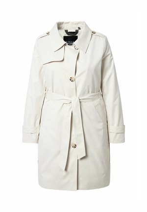 Cremefarbener Trenchcoat mit durchgehender Knopfleiste, Taillengürtel, Schulterpatten und langen Ärmeln vor weißem Hintergrund.