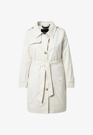 Cremefarbener Trenchcoat mit durchgehender Knopfleiste, Taillengürtel, Schulterpatten und langen Ärmeln vor weißem Hintergrund.