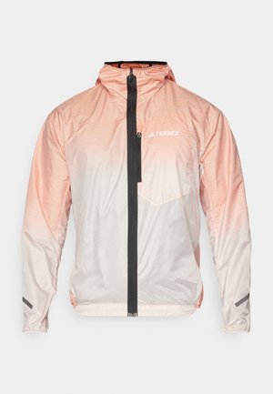 Lightweight pink gradient jacket with a black front zipper, adjustable hood, and a chest pocket. Features textured material and logo accent.