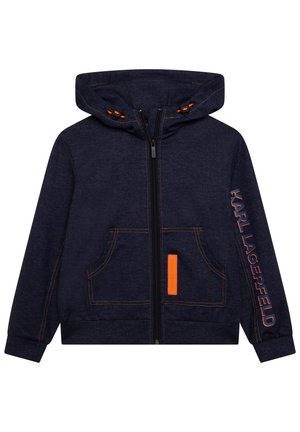 Marineblauer Zip-Hoodie mit orangen Kordel-Details, Fronttaschen und dem vertikal auf dem rechten Ärmel gedruckten Schriftzug "KARL LAGERFELD".