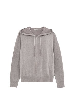 Grijze zip-up hoodie gemaakt van zachte stof, met een capuchon, vooraan een rits en ribbelboorden aan de mouwen en onderkant. Gladde textuur met minimale details.