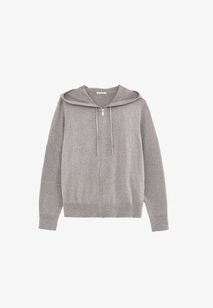 Sudadera gris con cremallera fabricada en tejido suave, con capucha, cremallera frontal y puños y dobladillo acanalados. Textura lisa con detalles mínimos.