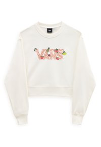 Sudadera recortada de color crema con puños acanalados, que presenta un patrón de ajedrez y gráficos de frutas divertidos encima del logo "VANS".