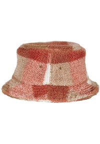 Bucket hat in a soft, textural fabric featuring a plaid pattern in shades of orange, tan, and cream. Brim is slightly flared.