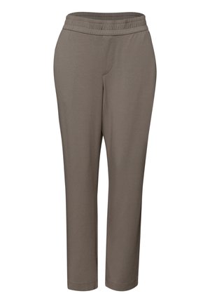 Elastyczne spodnie o prostych nogawkach w kolorze taupe z elastycznym pasem i bez widocznych kieszeni, zaprojektowane z myślą o komforcie i codziennym noszeniu.