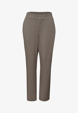 Dehnbare taupefarbene Hose mit geradem Bein, elastischem Bund und ohne sichtbare Taschen, entworfen für Komfort und Freizeitkleidung.