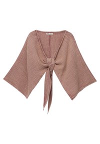 Haut court en tissu texturé rose clair avec manches larges et détail de nœud à l'avant.