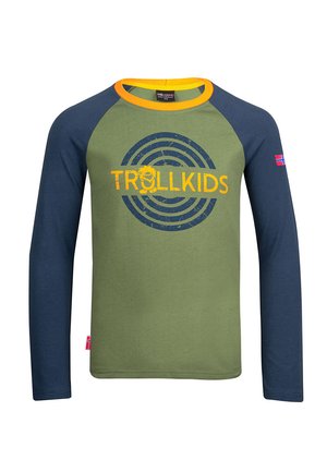 Long-sleeve kids’ shirt with olive green body, navy blue sleeves, yellow collar, and "TROLLKIDS" logo with concentric circles on chest.