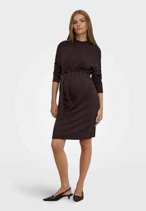Femme enceinte portant une robe en maille marron foncé à manches longues avec une ceinture à la taille et des chaussures slingback noires à talons bas, debout avec assurance.