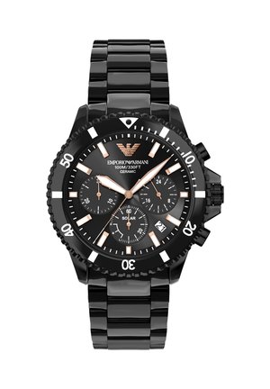 Schwarze keramische Emporio Armani Armbanduhr mit schwarzem Zifferblatt, goldfarbenen Zeigern und Markierungen, drei Hilfszifferblättern, Datumsfenster und drehbarer Lünette.