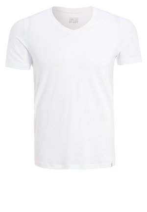 Weißes V-Ausschnitt-T-Shirt aus weichem Stoff, mit kurzen Ärmeln und geradem Saum. Etikett auf der unteren linken Seite sichtbar.