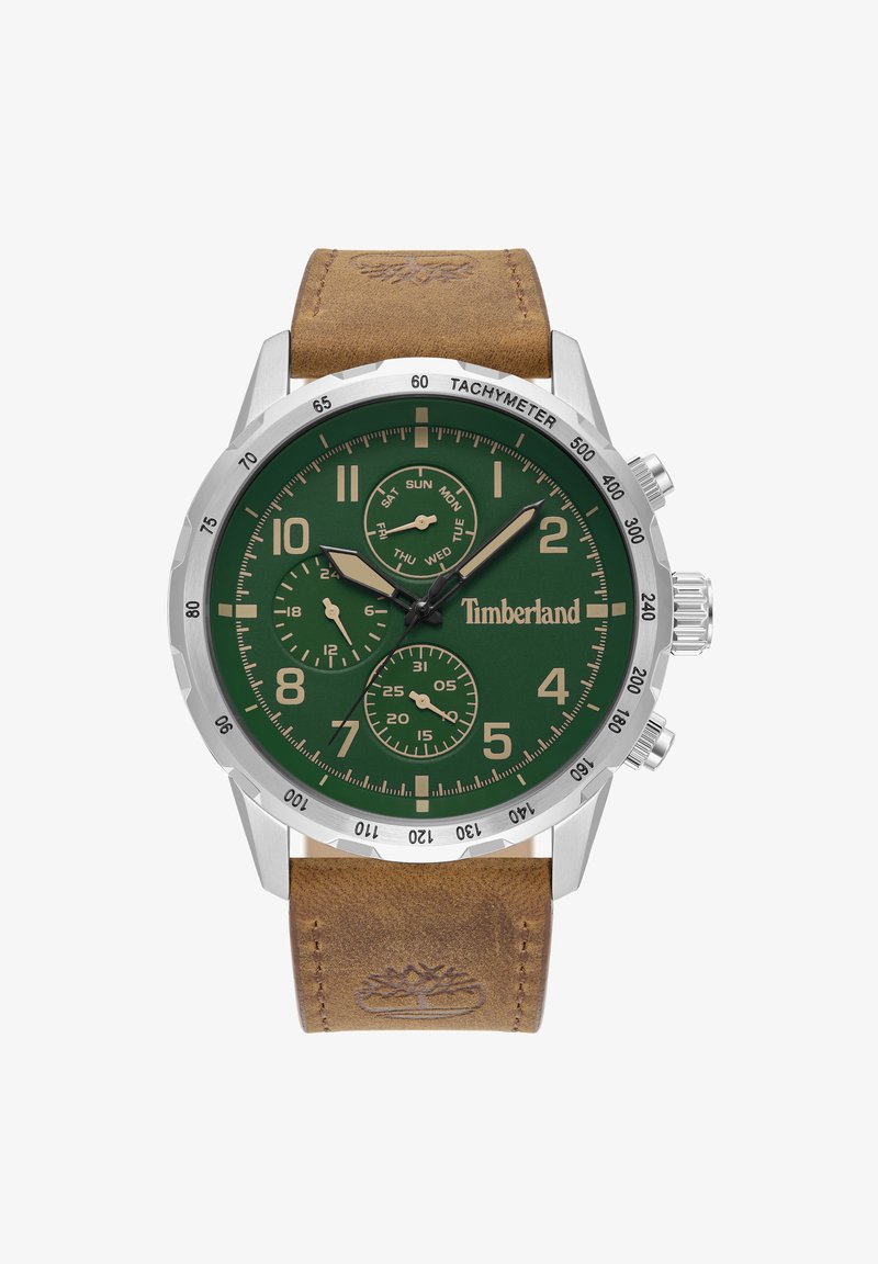 Žalias ciferblatas su chronografu, nerūdijančio plieno korpusu, šviesiu odiniu dirželiu, dideliais skaičiais ir savaitės dienų rodikliais.