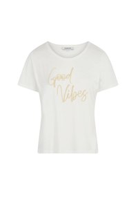 T-shirt bianca in cotone con colletto rotondo, maniche corte e la scritta "Good Vibes" stampata in oro con un font corsivo sul fronte.
