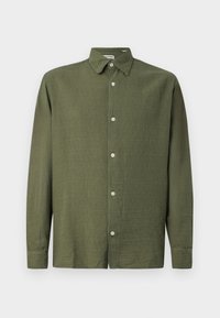 Olive green long-sleeve shirt made of textured fabric. Features a button-up front and a classic collar, with five buttons down the placket.