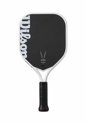 Pala de pádel Wilson Vesper, de forma cuadrada, cara negra con logo blanco, mango de goma con agarre, cuello reforzado, diseñada para el control en deportes de raqueta.