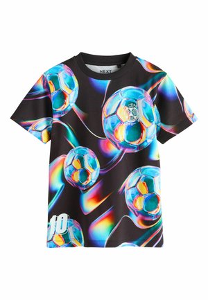 Black short-sleeve shirt with a colorful digital print of glowing blue and orange soccer balls and the number 10 in white on the bottom left.