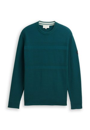 Turquoise crewneck-trui met gestructureerd breipatroon en lange mouwen, voorzien van geribde manchetten, zoom en kraag.