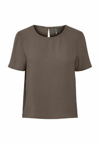 Top marrone a maniche corte con scollatura rotonda e dettaglio a chiave sul retro. Realizzato in tessuto leggero e testurizzato.