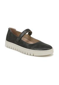 Chaussure Mary Jane en suède noir avec une semelle plate en caoutchouc blanc présentant un design texturé et une seule sangle ajustable sur le coup de pied.