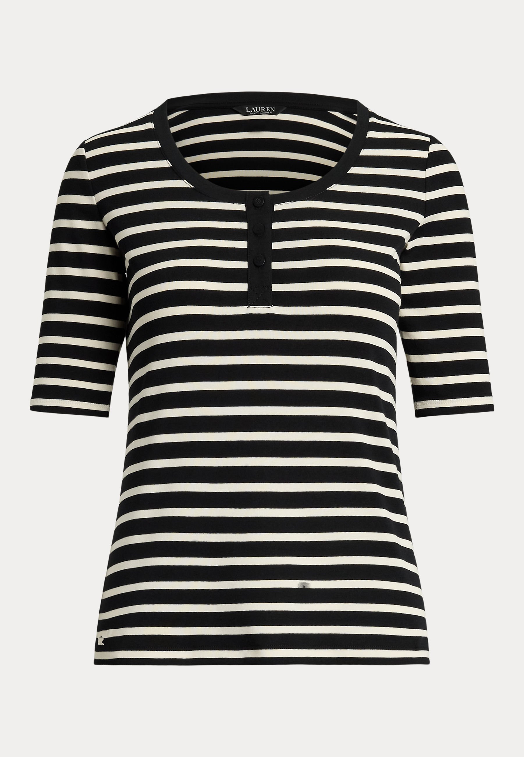 売れ筋商品|||ラルフローレン Tシャツ レディース トップス Striped Elbow Sleeve Henley Top - Print T-shirt - black/mascarpone cream Women's Lauren Ralph Lauren Striped Elbow-sleeve Henley Top