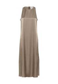 Ärmlös midiklänning i ljus taupe satin. Slät textur, rund halsringning, dragkedjestängning bak och slitsar på sidorna för enkel rörelse.