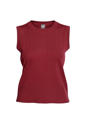 Top smanicato in maglia a coste di colore rosso scuro con scollo rotondo e orlo a coste, che mostra un tessuto dalla trama liscia.