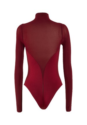 Bordeaux Langarm-Bodysuit mit transparentem oberem Rücken und opakem unteren Rückenteil, hohem Kragen und taillierter Silhouette.