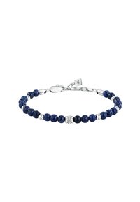 Bracciale in perle di lapislazzuli con accenti in argento e chiusura a gancio, con una texture liscia e lucida e dimensioni delle perle alternate.