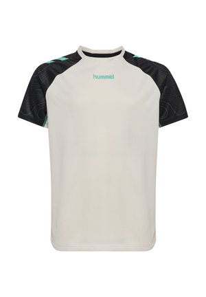 Jasnoszary T-shirt z krótkim rękawem, z czarnymi rękawami w wzory. Posiada okrągły dekolt i subtelne turkusowe logo na przodzie. Miękka tekstura tkaniny.