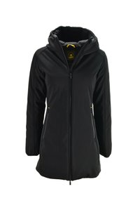 Giacca nera a maniche lunghe con chiusura a zip, cappuccio e tasche laterali. Materiale liscio con una leggera trama e dettagli gialli.