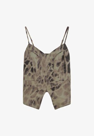 Top para mujer sin mangas con tirantes delgados ajustables y un patrón de teñido anudado en marrón y negro, con detalles de costuras estructuradas.