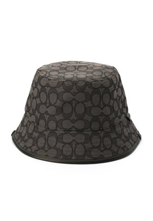 Chapeau bob gris foncé avec un motif ovale entrelacé répétitif et une bordure en cuir noir le long du bord.