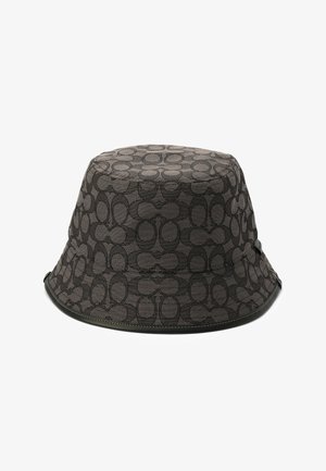 Chapeau bob gris foncé avec un motif ovale entrelacé répétitif et une bordure en cuir noir le long du bord.