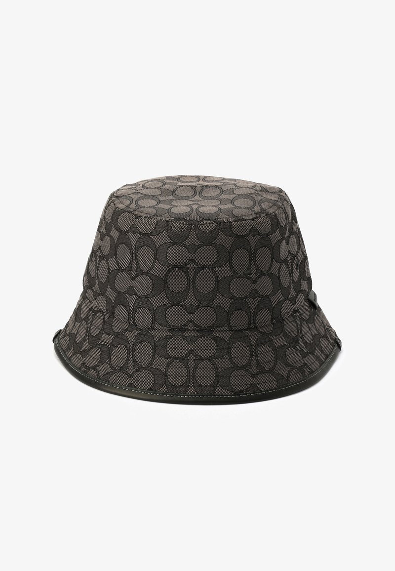 Chapeau bob gris foncé avec un motif ovale entrelacé répétitif et une bordure en cuir noir le long du bord.