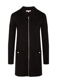 Svart zip-up-kappa med mandarin-krage, med två framfickor med knappdetaljer och långa ärmar. Tillverkad av texturerad stickad material.