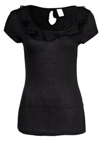 Svart kortärmad topp med volangdetalj vid halsen och nyckelhål baktill. Tillverkad av lätt material med en figurnära silhuett.