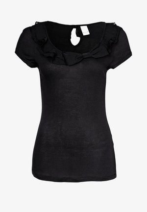 Black short-sleeve top featuring a ruffled neckline and keyhole back. Made of lightweight fabric with a fitted silhouette.