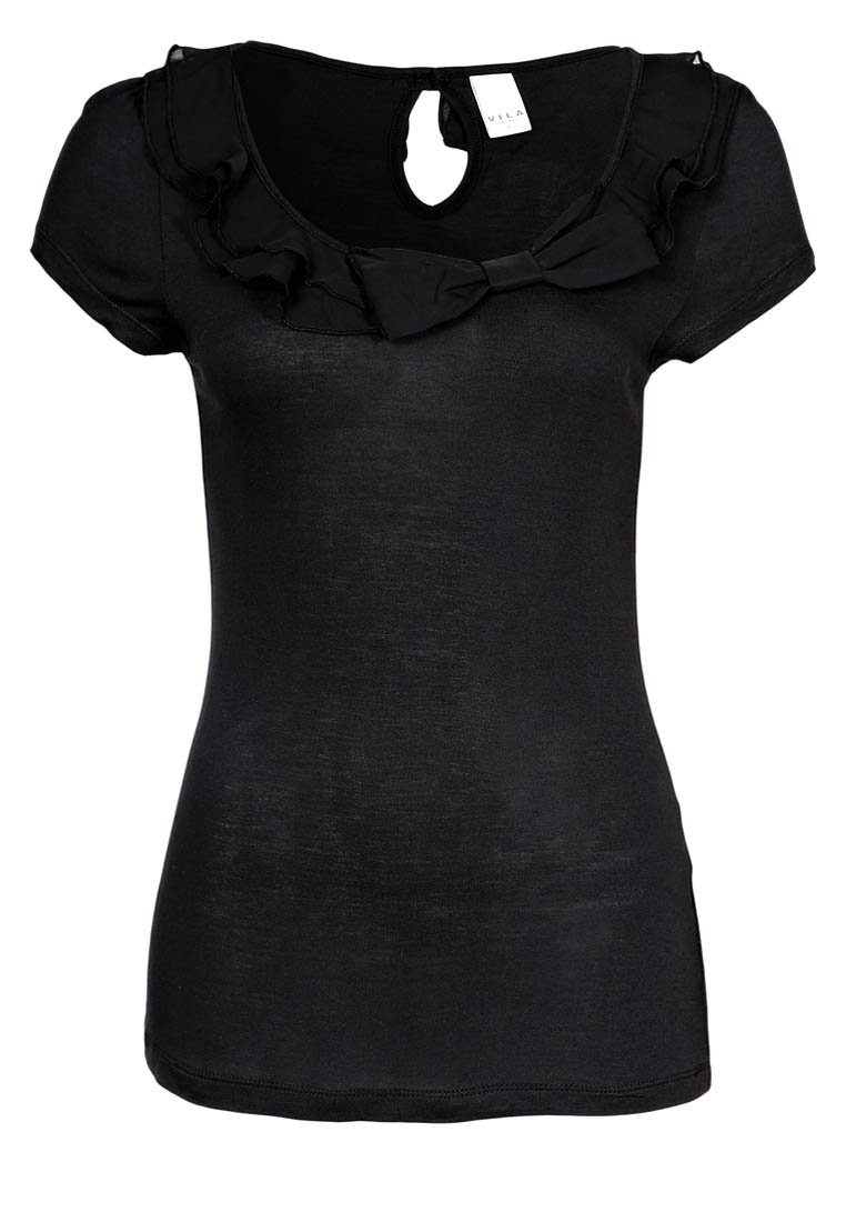 Svart kortärmad topp med volangdetalj vid halsen och nyckelhål baktill. Tillverkad av lätt material med en figurnära silhuett.