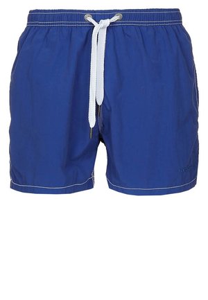 Shorts de bain bleus avec cordon de serrage blanc et taille élastique, présentant des coutures blanches le long des bords.