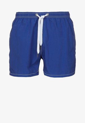 Shorts de bain bleus avec cordon de serrage blanc et taille élastique, présentant des coutures blanches le long des bords.