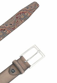 Leather belt featuring a paisley patterned strap in dark red, blue, and gold, with a plain brown section and a silver rectangular buckle.