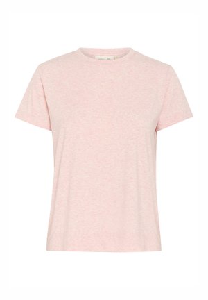 Light pink short-sleeved T-shirt, round neckline, soft texture, casual fit, with a subtle marled pattern throughout the fabric.