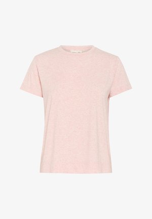 Light pink short-sleeved T-shirt, round neckline, soft texture, casual fit, with a subtle marled pattern throughout the fabric.