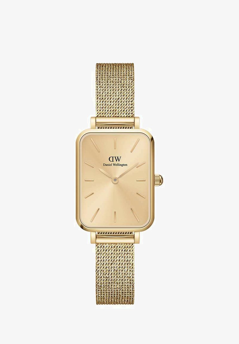 Goldenes rechteckiges Armbanduhren mit einem Mesh-Armband, das über ein minimalistisches Zifferblatt und subtile Stundenmarkierungen verfügt, mit der Marke "Daniel Wellington".