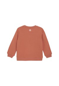 Roodbruine sweatshirt met lange mouwen, ronde hals, ribgebreide manchetten en onderrand, voorzien van een klein label op de achterkant. Soepele textuur, casual ontwerp.
