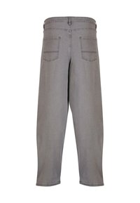 Gray denim trousers with a relaxed fit, featuring two back pockets and a cuffed hem. The fabric has a smooth texture.