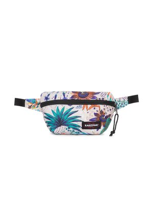 Fannypack i vitt tyg med färgglada blommönster och blad. Inkluderar något som går att stänga med dragkedja och ett justerbart svart band.